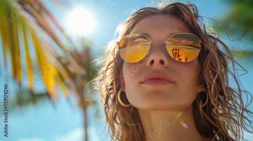 Woman Wearing Yellow Sunglasses Standing Under Palm Tree