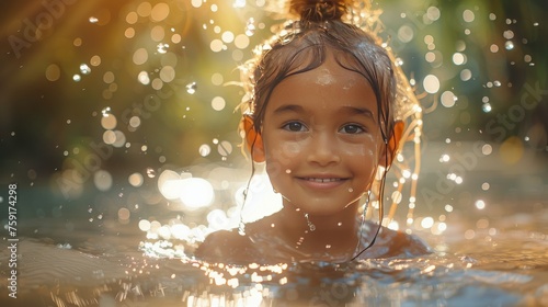 Young Girl Smiles Swimming in Water