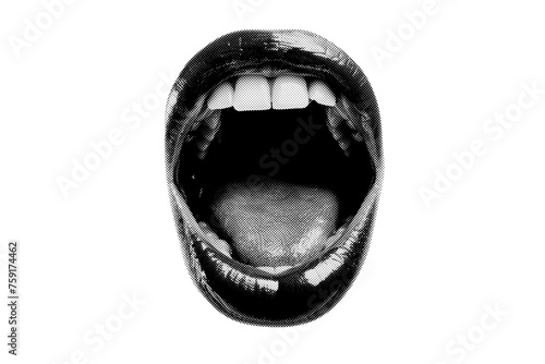 Abstract halftone shouting mouth collage element. Trendy grunge design element photo