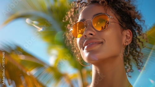 Woman Wearing Yellow Sunglasses Standing Under Palm Tree