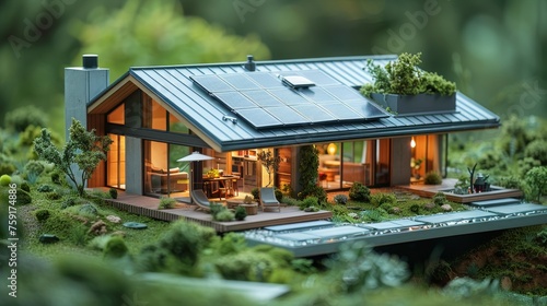 Model House With Solar Panel On Roof