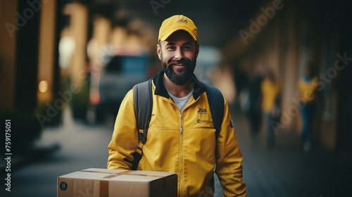 Delivery person with a smiling face handing over a parcel box to a customer with joy