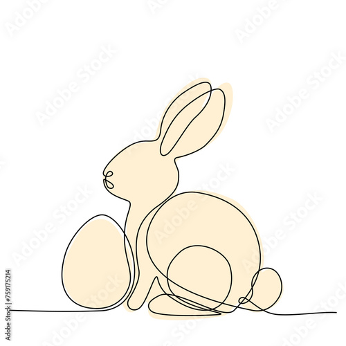 Zajączek wielkanocny rysowany jedną ciągłą linią. Sylwetka uroczego królika w prostym minimalistycznym stylu z żółtym akcentem. Ilustracja wektorowa.