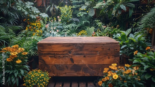 Wooden Box Overflowing With Flowers in Garden