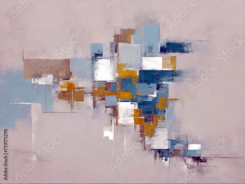 Soft abstract art painting background with a minimal sparse pale composition of shapes in shades of brown, grey and blue