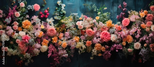 Beautiful flowers creating a backdrop pattern on a wall.
