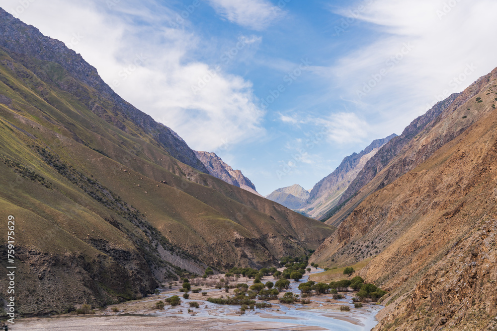 The beautiful scenery of snow-capped mountains along the Duku Highway in Xinjiang, China The beautiful scenery of snow-capped mountains along the Duku Highway in Xinjiang, China