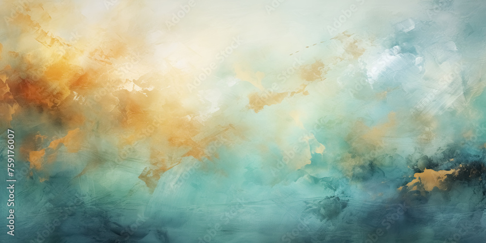 Abstract background with textured gradient soft pastel turquoise, yellow and grey with distressed paint strokes