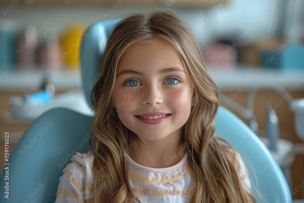 Child in dental chair smiling with happy eyes and surfer hair Child in dental chair smiling with happy eyes and surfer hair