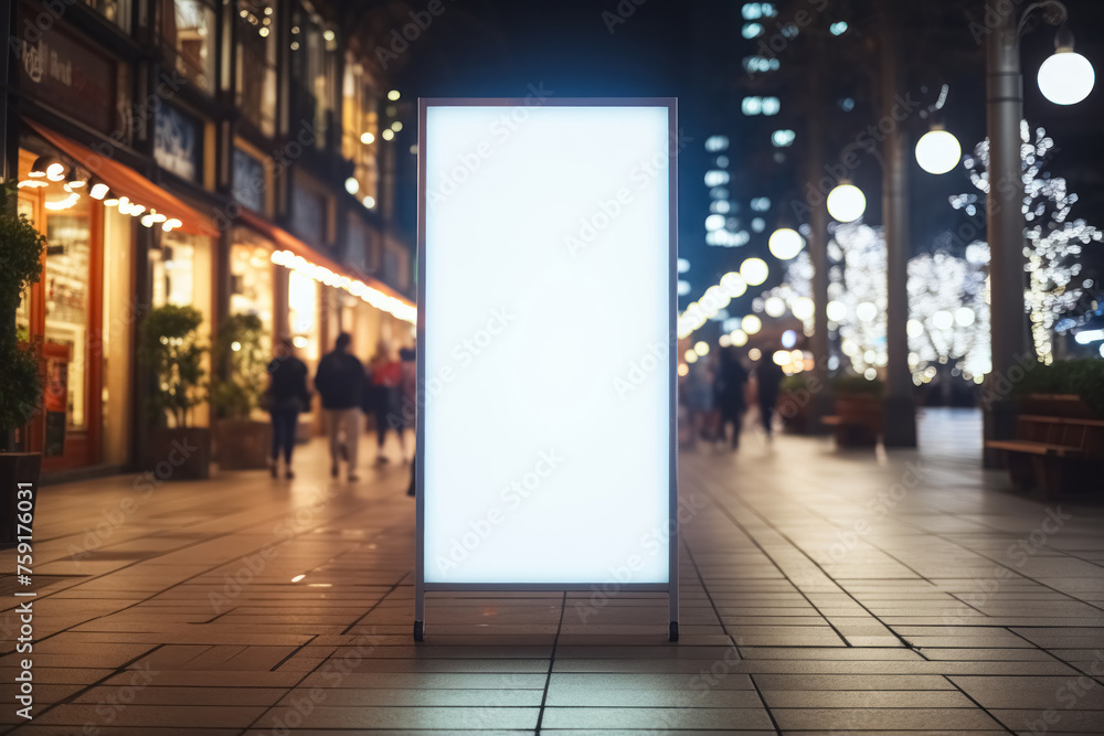 Vertical blank white advertising billboard on the evening street, banner for advertisement and information Vertical blank white advertising billboard on the evening street, banner for advertisement and information