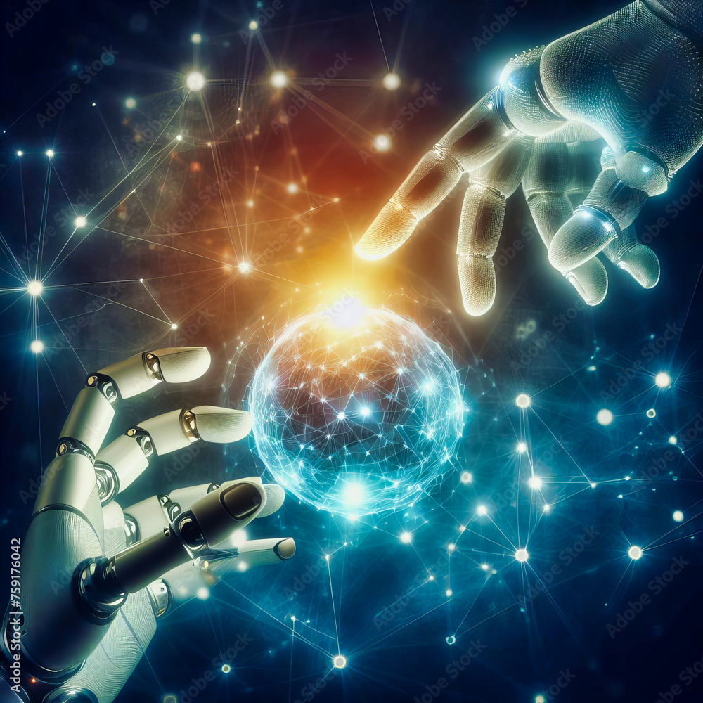 Robotic Hands Crafting a Cosmic Sphere Stock Illustration | Adobe Stock
