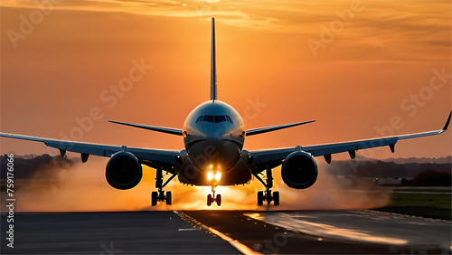A large jetliner or aeroplane taking off from runway or dawn with the landing gear