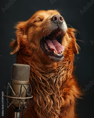 Cute dog is singing song in recording microphone in music studio. Banner with dog musician on black background