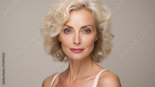 Elegant 1950s middle aged woman close up portrait highlighting healthy skin care beauty