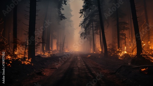 Intense forest fire engulfs tall trees in a relentless blaze of fierce raging flames