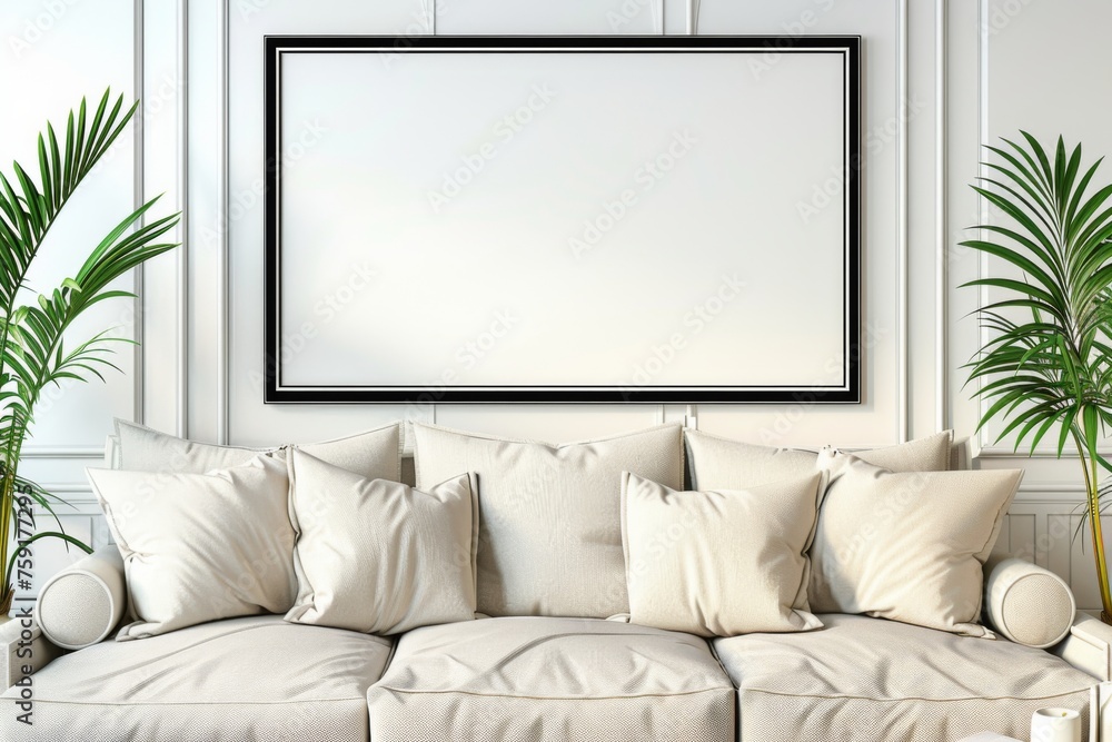 Modern Living Room With Spacious Beige Sofa and Blank Wall Art Frame Modern Living Room With Spacious Beige Sofa and Blank Wall Art Frame