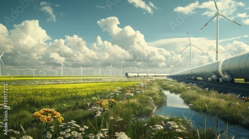 Sustainable energy windmills turbines in field, hydrogen pipeline factory near railway. AI generated