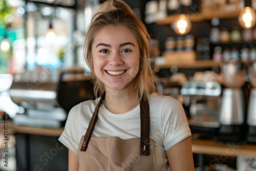 Smiling Barista in Apron Standing in a Cozy Coffee Shop During Morning Hours