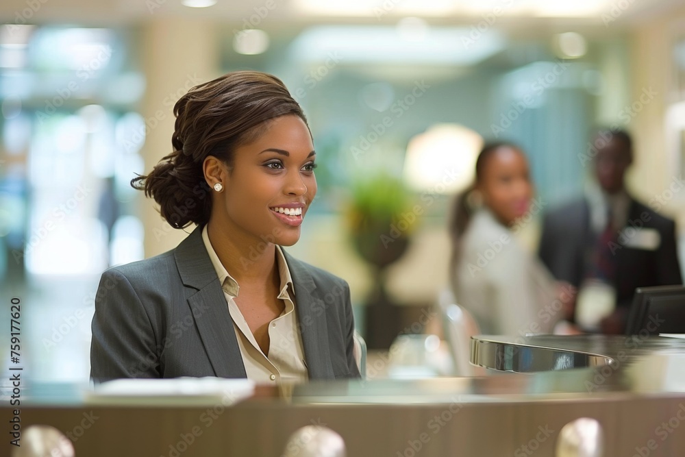 Professional Receptionist Greeting Guests at a Bright Hotel Lobby During Business Hours Professional Receptionist Greeting Guests at a Bright Hotel Lobby During Business Hours