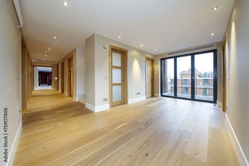 Obraz premium Spacious Modern Apartment Hallway With Natural Light and Wood Flooring