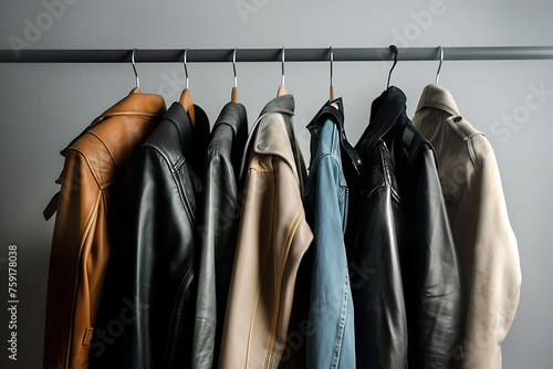 Row of Leather Jackets Hanging on a Rail