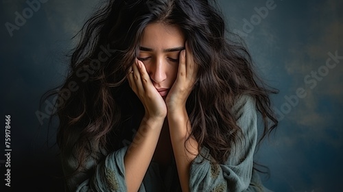 Woman in distress desperate, grieving, and crying with folded hands in mental turmoil