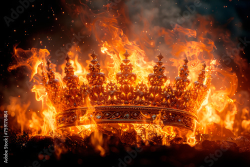 The crown is on fire, a metaphor for the loss of power and country, war. AI generative content..