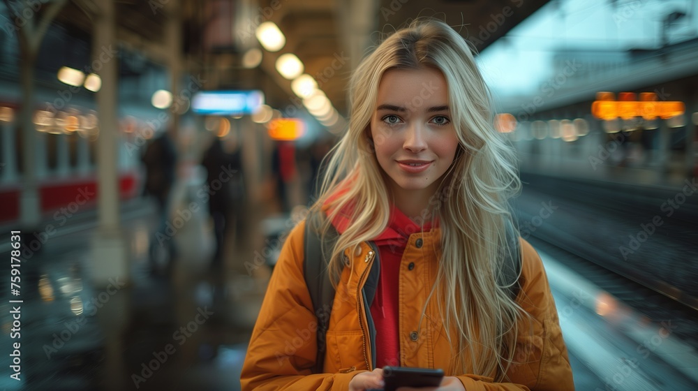 A woman with blonde hair is waiting at a train station, holding her cell phone A woman with blonde hair is waiting at a train station, holding her cell phone