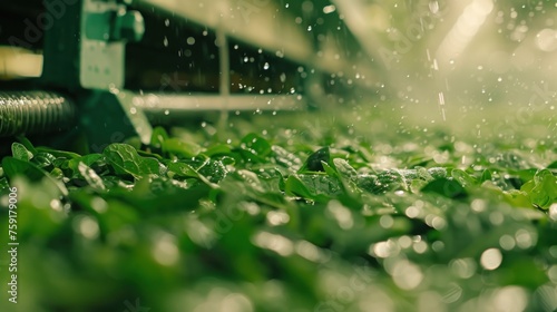 a close up of a sprinkler sprinkling water on a green leafy plant in a greenhouse.
