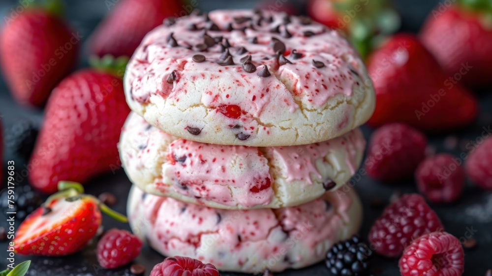 a stack of strawberry shortbreads with chocolate chips and raspberries on a black surface next to a pile of strawberries and raspberries.