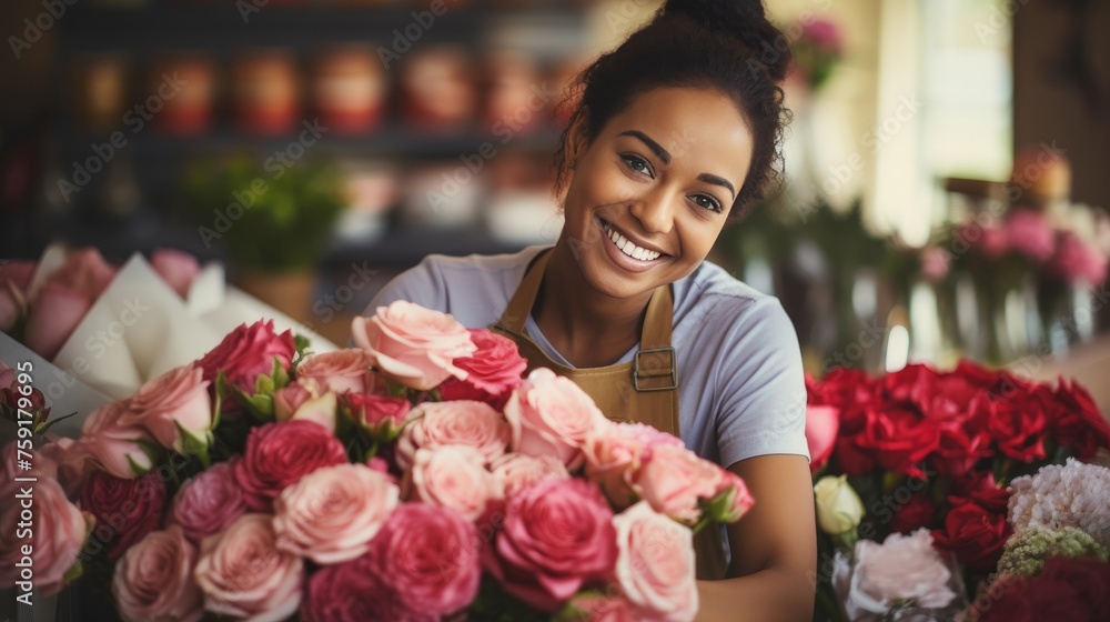 Hispanic female small business owner in flower shop with vibrant blooms, exuding joy and warmth