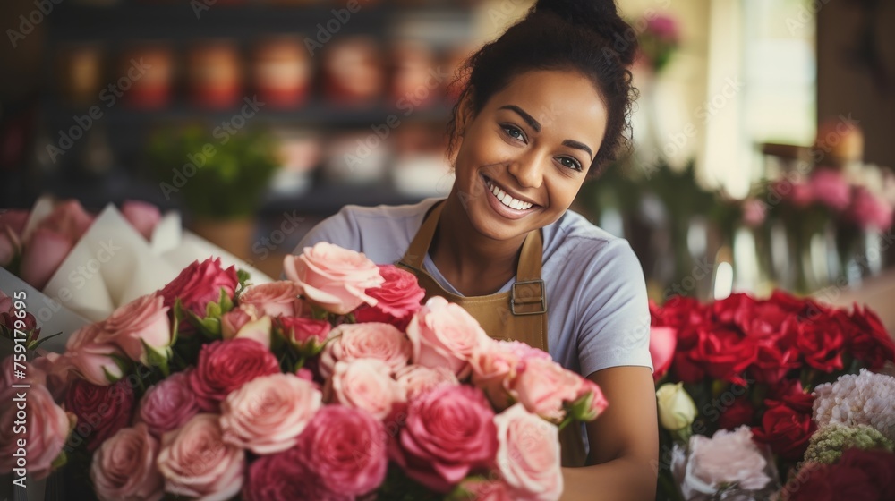 Hispanic female small business owner in flower shop with vibrant blooms, exuding joy and warmth Hispanic female small business owner in flower shop with vibrant blooms, exuding joy and warmth