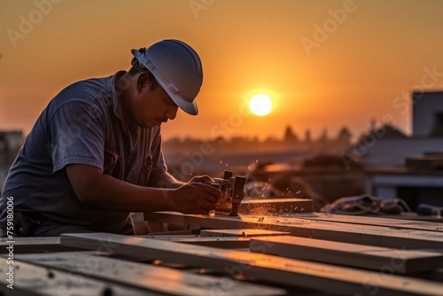 Construction worker laboring on a rooftop at a construction site, engaged in laborious tasks photo