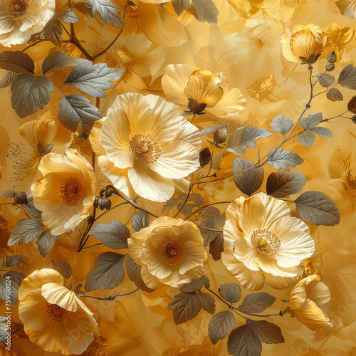  Beautiful flowers on the wall, floral patterns decorative art wallpaper, Generative AI