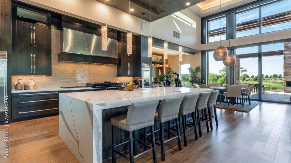 Chic modern kitchen, featuring a large island, quartz finishes, upscale appliances, and bold lighting