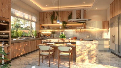 Homely kitchen with soft lighting  wooden textures  stone surfaces  and a welcoming dining area