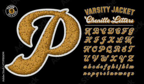A collection of letterman jacket style letters, with a gold, white, and black color scheme. Varsity jacket patch lettering with a chenille fabric texture.