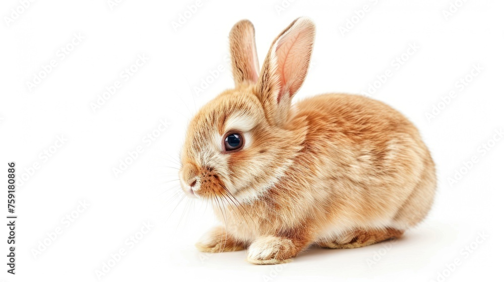 Fototapeta premium Portrait cute brown rabbit animal sitting white background. AI generated image
