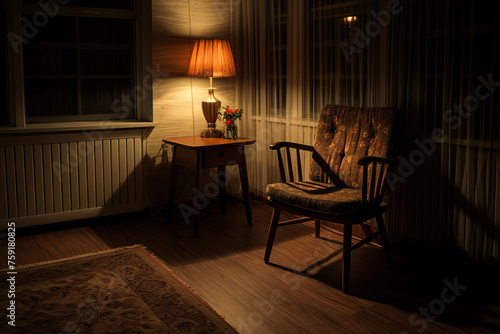One vintage chair in a old room in the rays of light. Generated by artificial intelligence
