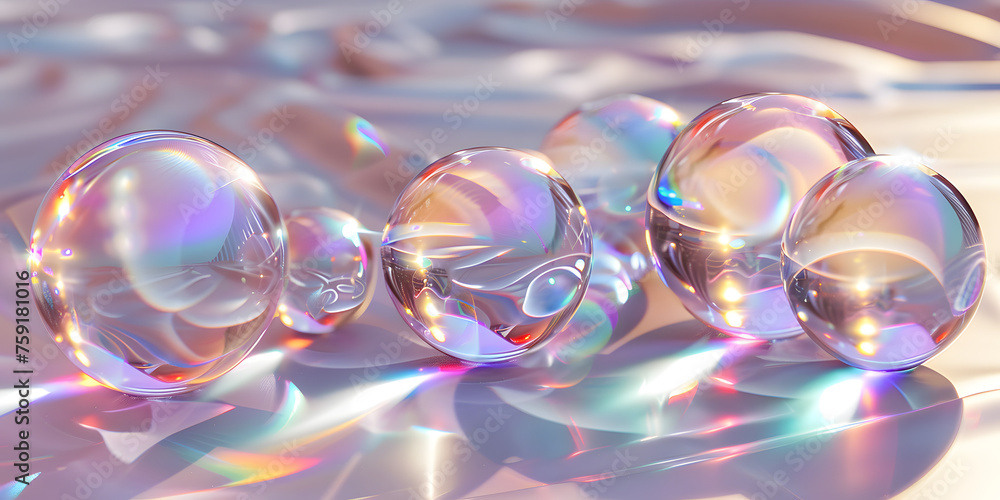 Naklejka premium Ultra-sharp 3D visualization of iridescent glass sculptures, displaying a play of light and colors like soap bubbles in sunlight 