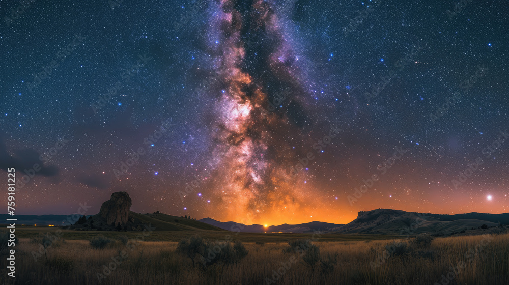 Milky Way arc and stars in night sky over the Alps. Outstanding Comet Neowise glowing at the horizon on the left. Panoramic fish eye view, astro photography, stargazing Milky Way arc and stars in night sky over the Alps. Outstanding Comet Neowise glowing at the horizon on the left. Panoramic fish eye view, astro photography, stargazing