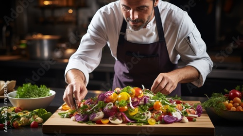 A man in a chefs uniform delicately slices an array of vibrant vegetables on a wooden cutting board