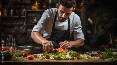 A man wearing an apron skillfully prepares a healthy salad with various fresh ingredients
