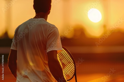 A man is holding a tennis racket on a court with the sun setting in the background. Tennis Roland Garros Concept © Nico