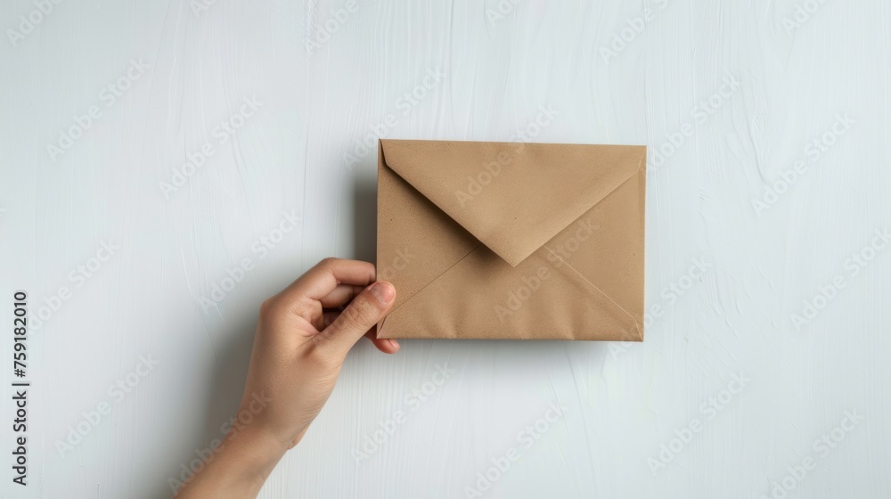 Hand holding brown blank envelope isolated white background. AI generated