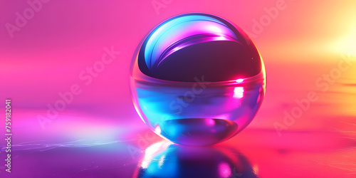 Abstract 3D concept of a chromatic orb floating in space, reflecting a burst of neon colors on its sleek surface