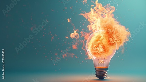 3d rendering of a light bulb exploding with flames isolated on a blue background. AI generated image