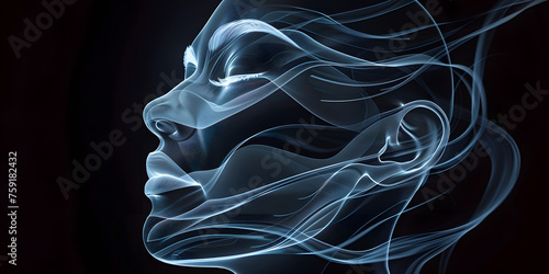Abstract 3D portrait made of white neon line art, floating on a pure black background, highlighting facial contours 