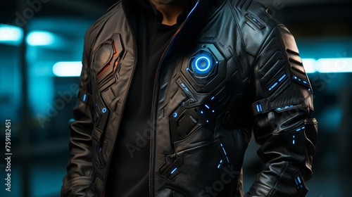A man with a black jacket adorned with mesmerizing blue lights