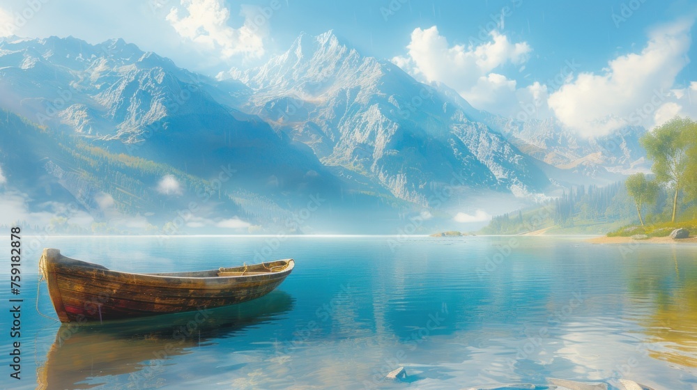 a painting of a boat floating on a lake with mountains in the background and clouds in the sky over the water.